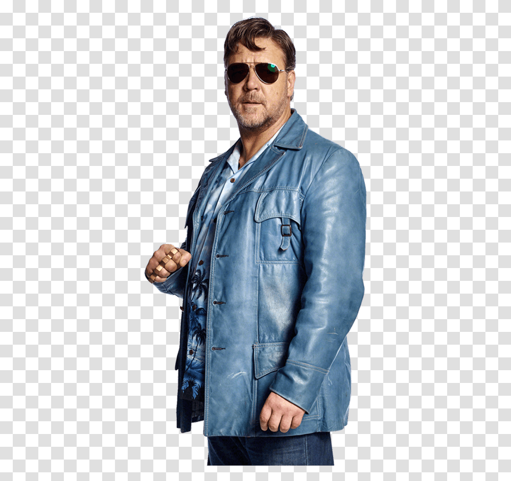 Russell Crowe Blue Leather Jacket, Apparel, Coat, Sunglasses Transparent Png