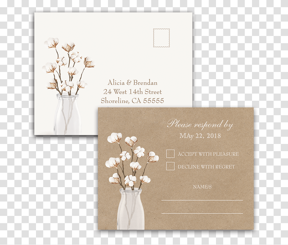 Rustic Cotton Theme Kraft Paper Wedding Rsvp Postcard Wedding Invitation, Envelope, Mail, Greeting Card Transparent Png