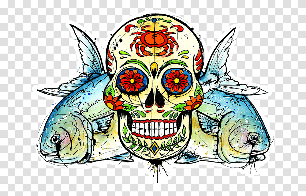 Ryan Keene Permit Sugar Skull Sticker Sugar Skull Fish, Doodle, Drawing, Emblem Transparent Png
