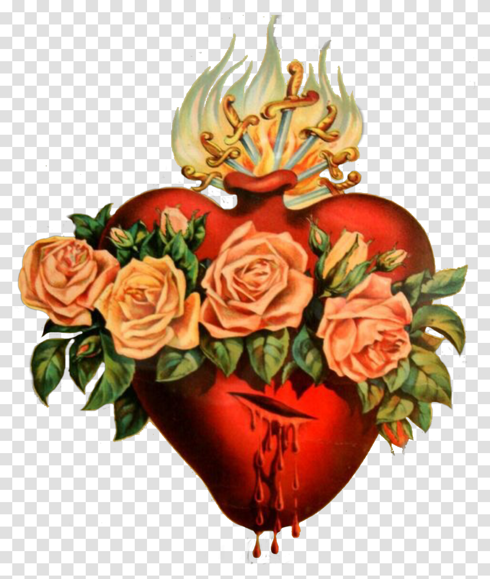 Sacred Heart Tattoos Vintage Immaculate Heart Of Mary, Plant, Flower, Blossom, Flower Bouquet Transparent Png