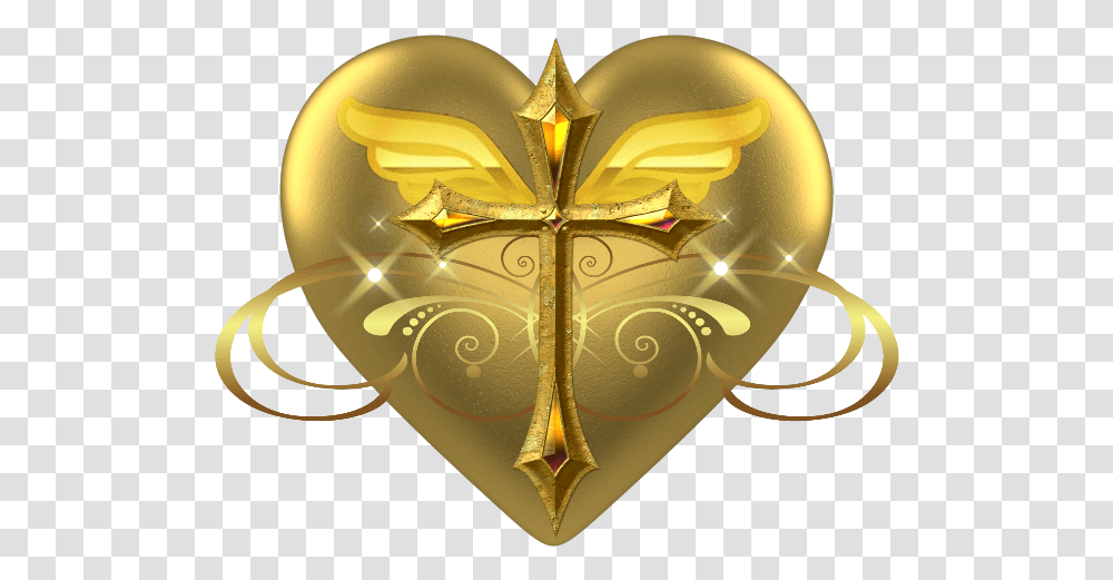 Sacredheart Goldheart Gold Cross Heart Wings Emblem, Light, Crucifix Transparent Png