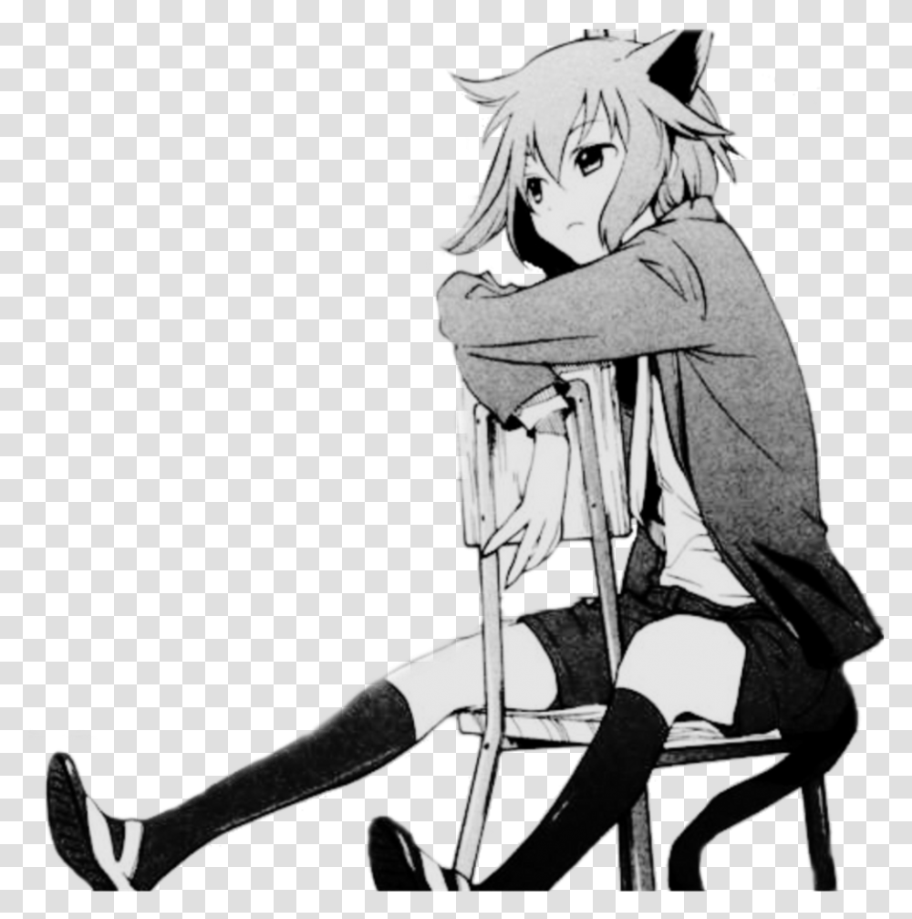 Sad Neko Animegirl Chair Cattail Catears Freetoedit Anime Neko Black And White, Manga, Comics, Book, Person Transparent Png