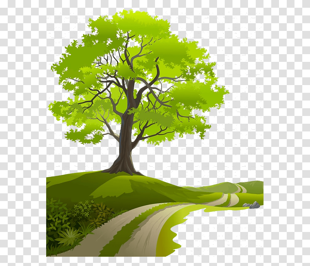 Safari Trees Green Tree Beside Road Painting Art Desktop, Plant, Oak, Leaf, Sycamore Transparent Png