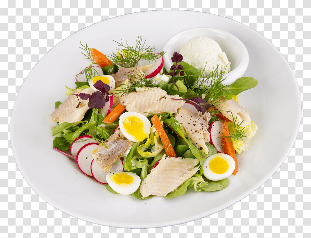 Salad With Fillet Of Smoked Trout Lettuce Radish Caesar Caesar Salad, Meal, Food, Lunch, Plant Transparent Png