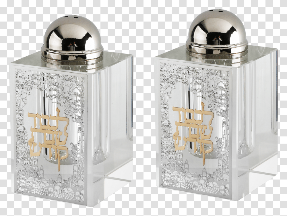 Salt And Pepper Shaker Set With Silver Jerusalem Plaque Cylinder, Bottle, Perfume, Cosmetics Transparent Png