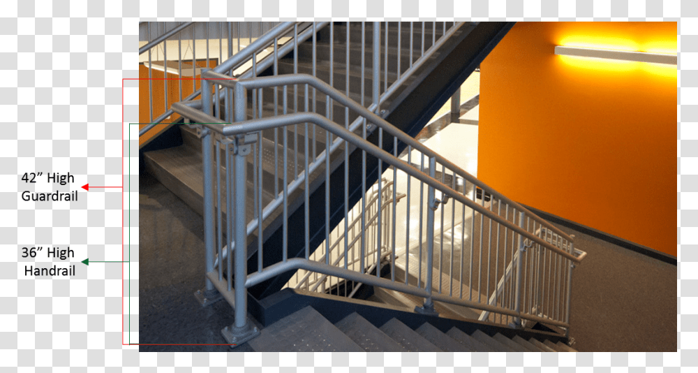 Sample Of The Different Heights Of Guardrail And Handrail Commercial Stair Switchback Handrail, Banister, Railing, Staircase Transparent Png
