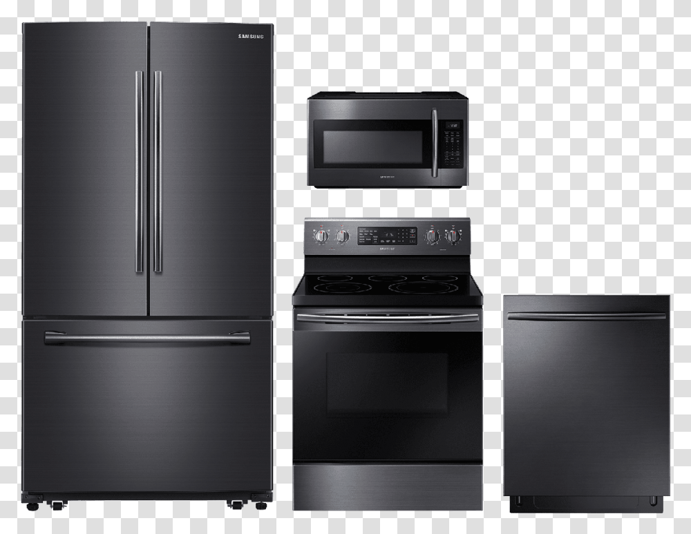 Samsung 4 Piece Kitchen Package Black Stainless Steel, Appliance, Oven, Microwave, Refrigerator Transparent Png