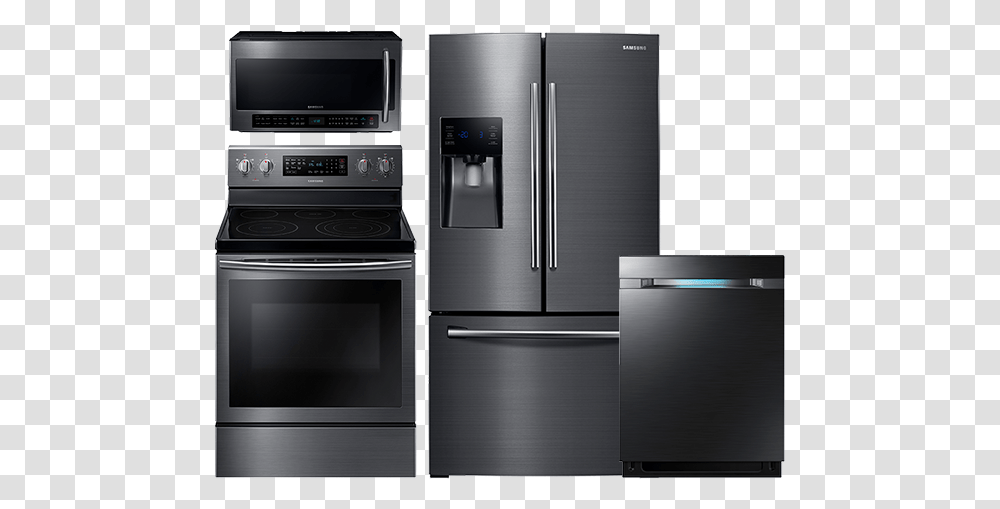 Samsung Kitchen Suite 4 Piece Samsung Black Stainless Appliances, Refrigerator, Oven, Monitor, Screen Transparent Png