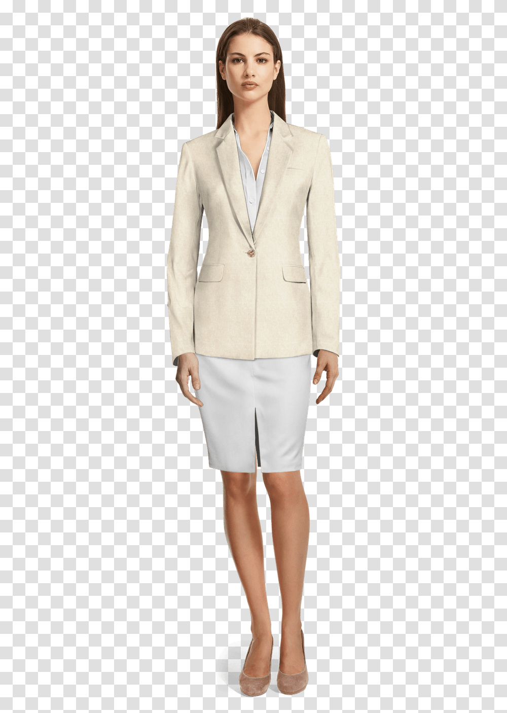Sand Linen 2 Tone Skirt Suit View Front Bermuda Suit, Person, Coat, Fashion Transparent Png