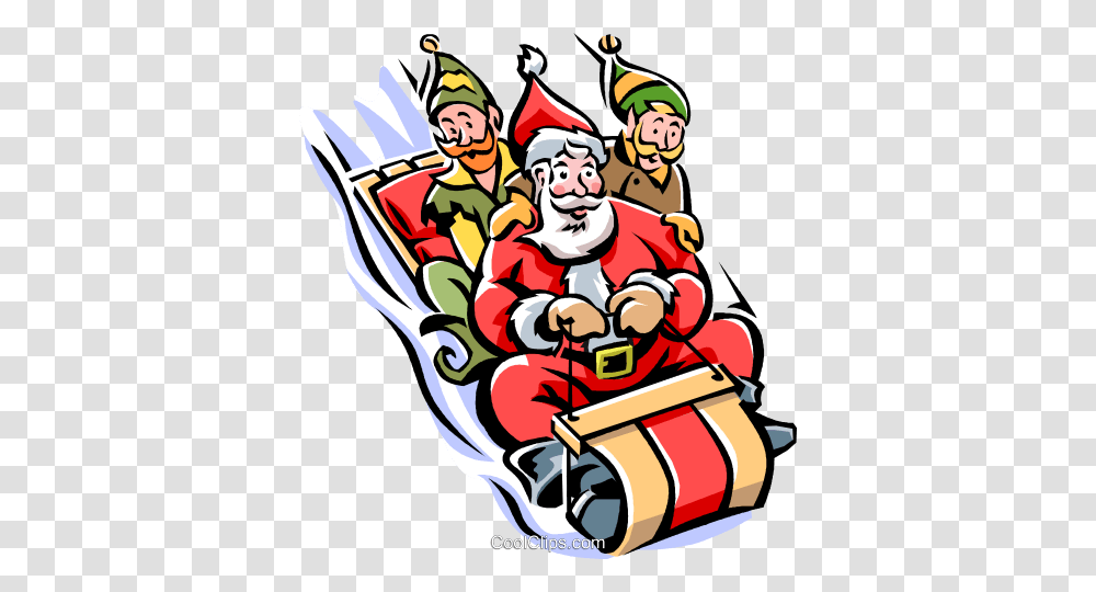 Santa And His Elves On A Toboggan Royalty Free Vector Clip Art, Person, Human, Sled, Elf Transparent Png