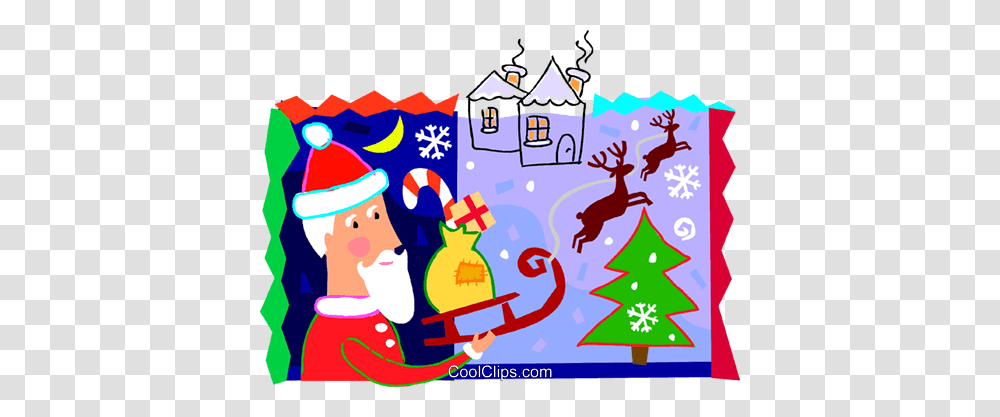 Santa And His Sleigh With Reindeer Royalty Free Vector Clip Art, Tree, Plant, Poster Transparent Png
