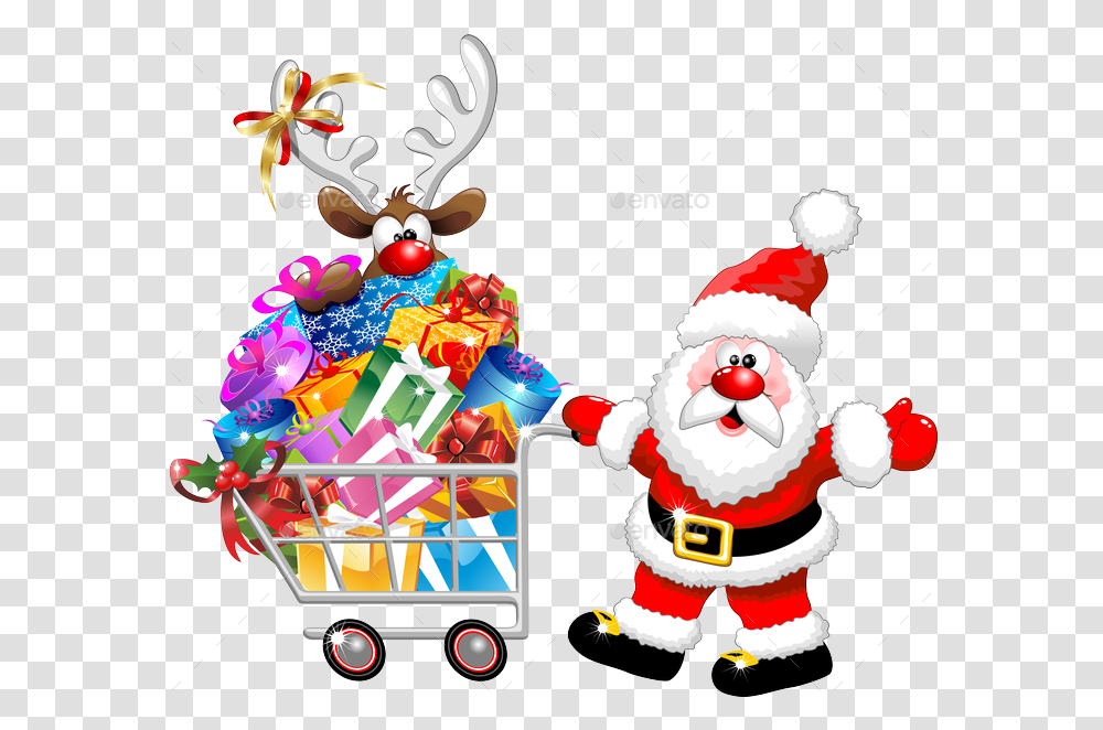 Santa And Reindeer Cartoon With Christmas Shopping Christmas Shopping, Graphics, Snowman, Nature, Performer Transparent Png
