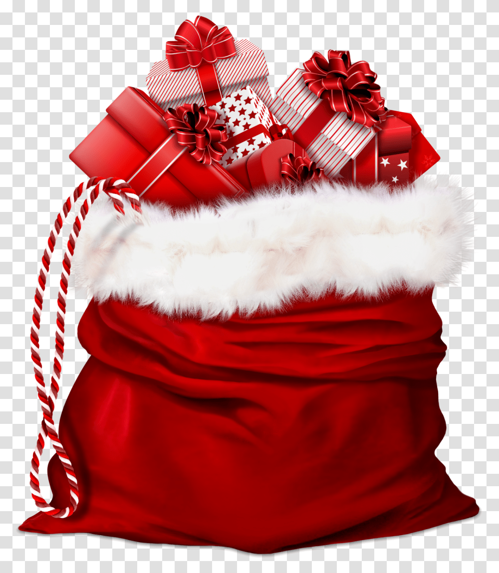 Santa Claus Gifts Red Bag Christmas Present Santa Toy Bag, Christmas Stocking, Birthday Cake, Dessert, Food Transparent Png