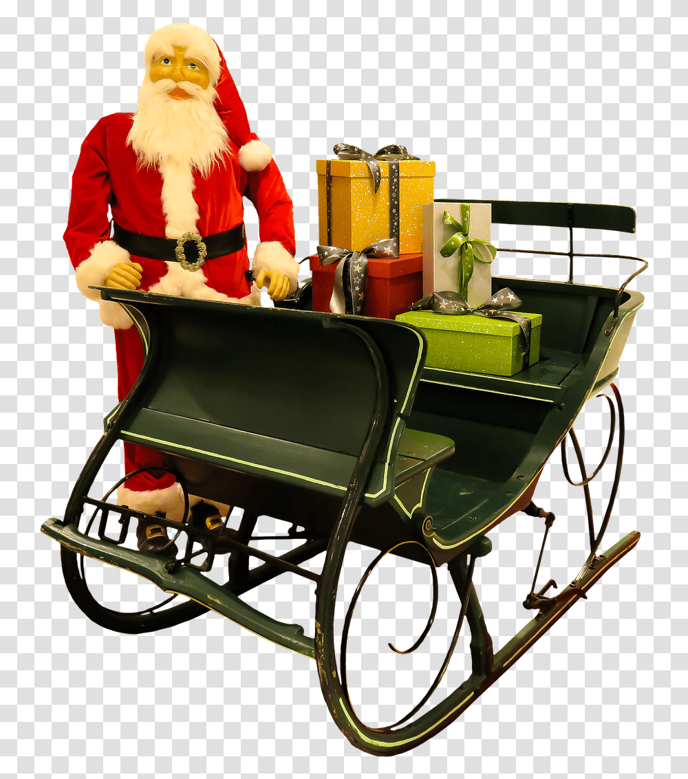 Santa Claus Puppet Next To Sleigh Stickpng Christmas Coach, Furniture, Chair, Person, Transportation Transparent Png
