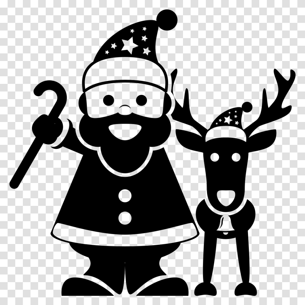 Santa Claus Standing With A Reindeer Christmas Santa Black And White, Stencil, Antelope, Wildlife, Mammal Transparent Png