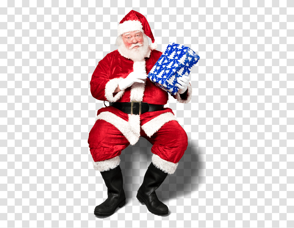Santa Gift Santa Sitting Down, Costume, Person, Face Transparent Png