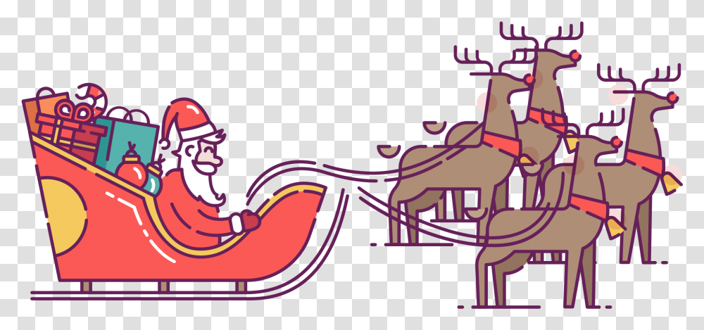 Santa In Sleigh Pulled By Reindeer Clip Art Cartoon, Label, Poster, Sticker Transparent Png