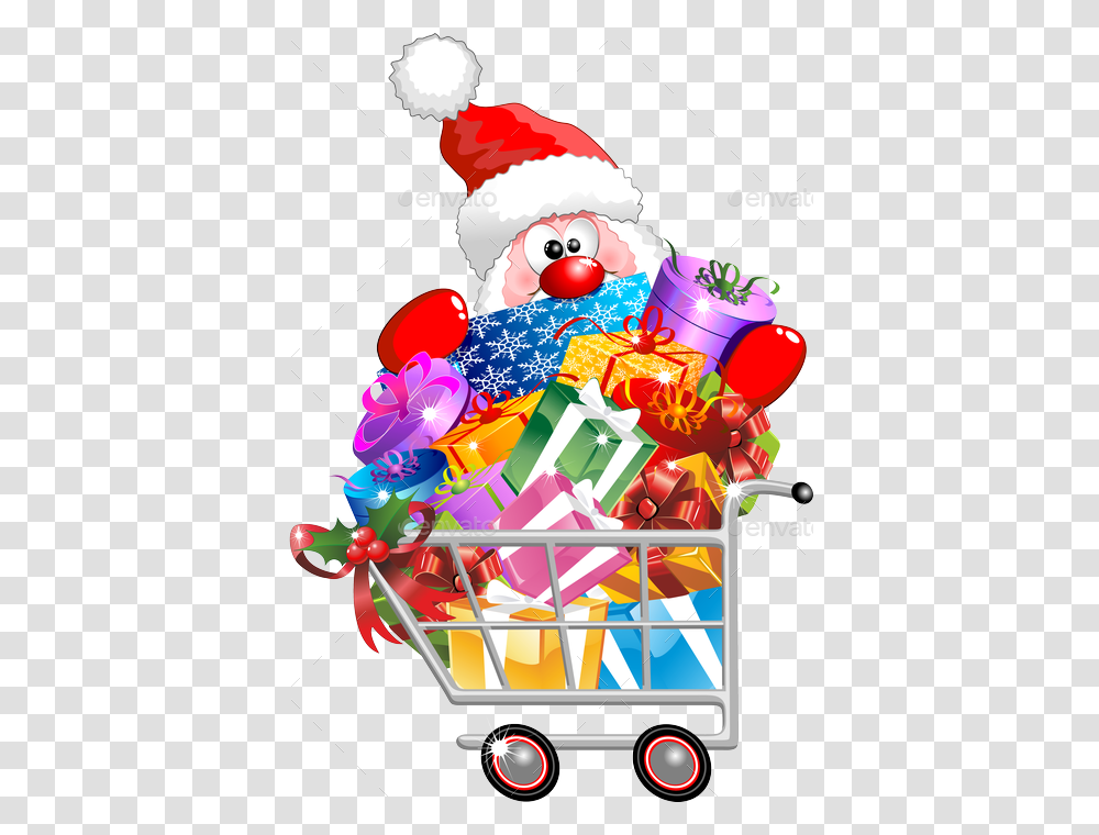 Santa On Shopping Cart Santa And Reindeer Shopping, Performer, Clown, Birthday Cake Transparent Png