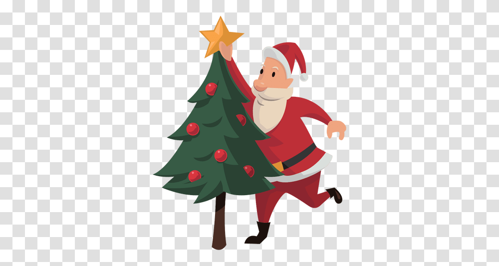 Santa Putting Christmas Star Cartoon Illustration, Tree, Plant, Ornament, Christmas Tree Transparent Png