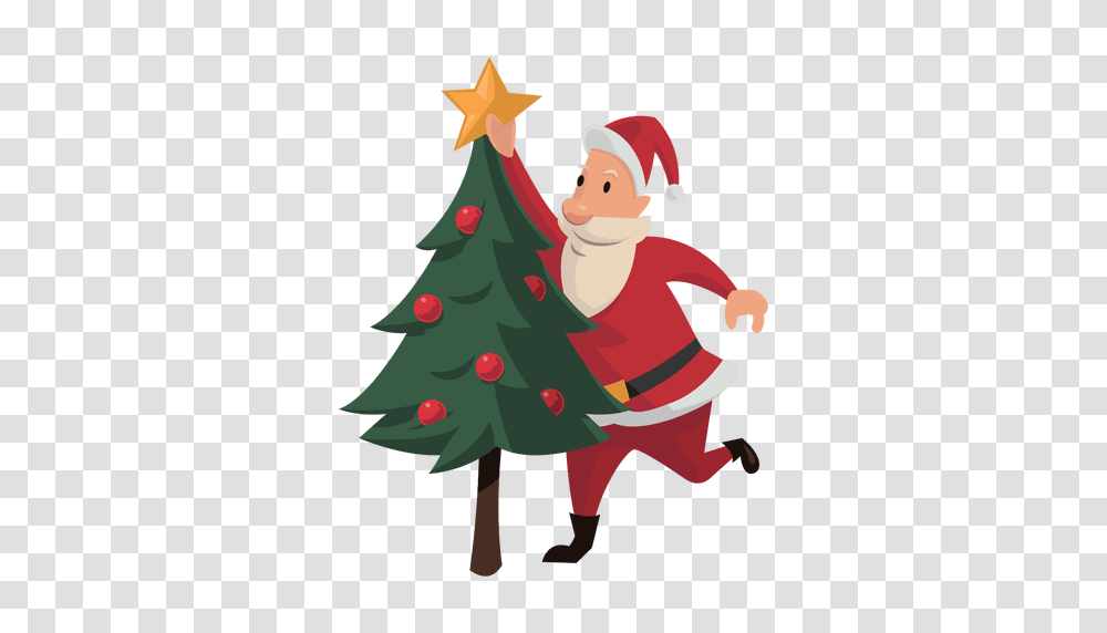 Santa Putting Christmas Star Cartoon, Tree, Plant, Ornament, Christmas Tree Transparent Png