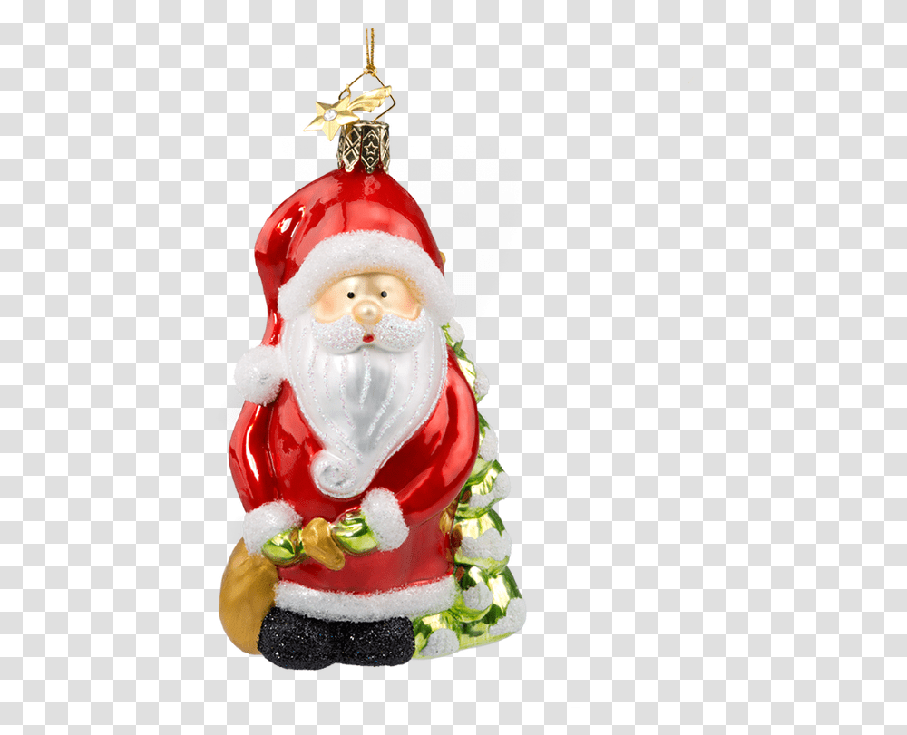 Santa With Bag And Snow Cover Tree Christmas Ornament, Figurine, Sweets, Food, Confectionery Transparent Png