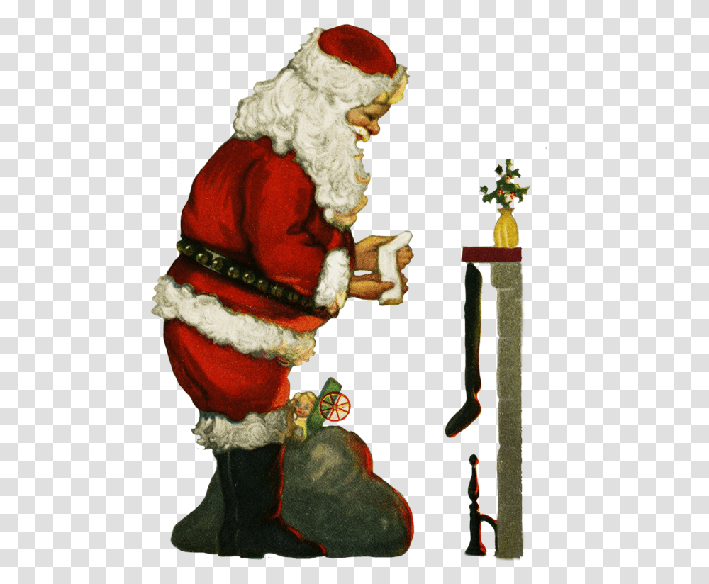 Santa With Socsk At The Fireplace At Christmas Santa Claus, Figurine, Plant, Crowd, Performer Transparent Png