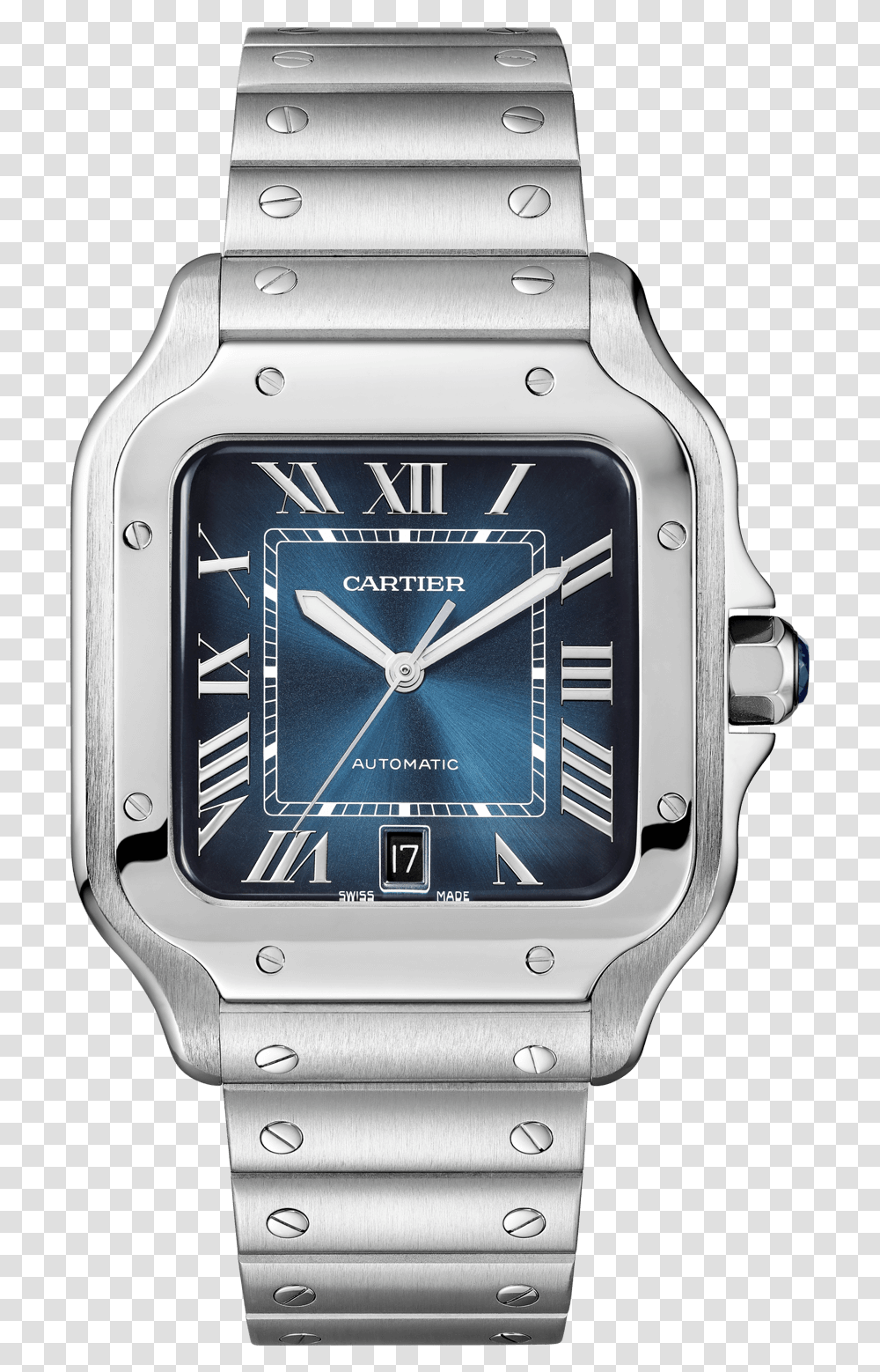 Santos De Cartier Stainless Steel Large Two Interchangeable Cartier Santos Watch Blue, Wristwatch Transparent Png