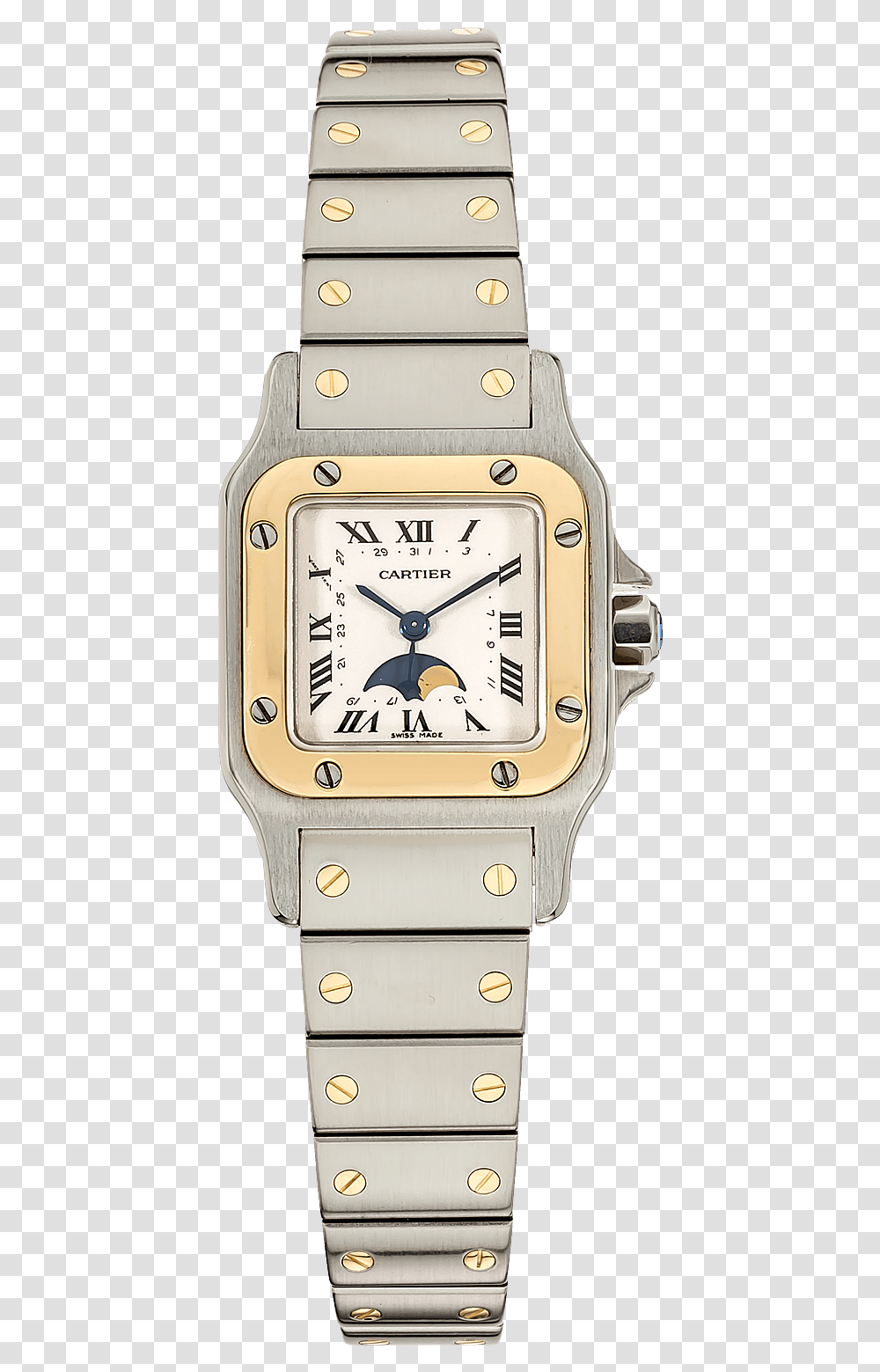 Santos Galbee Moon Phase Yellow Gold And Stainless, Wristwatch, Analog Clock, Alarm Clock Transparent Png