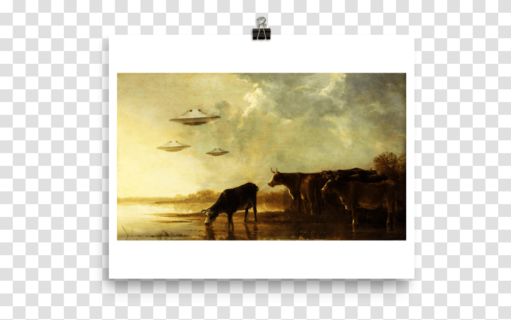 Saucers And Cattle River Landscape With Cows, Mammal, Animal, Painting Transparent Png