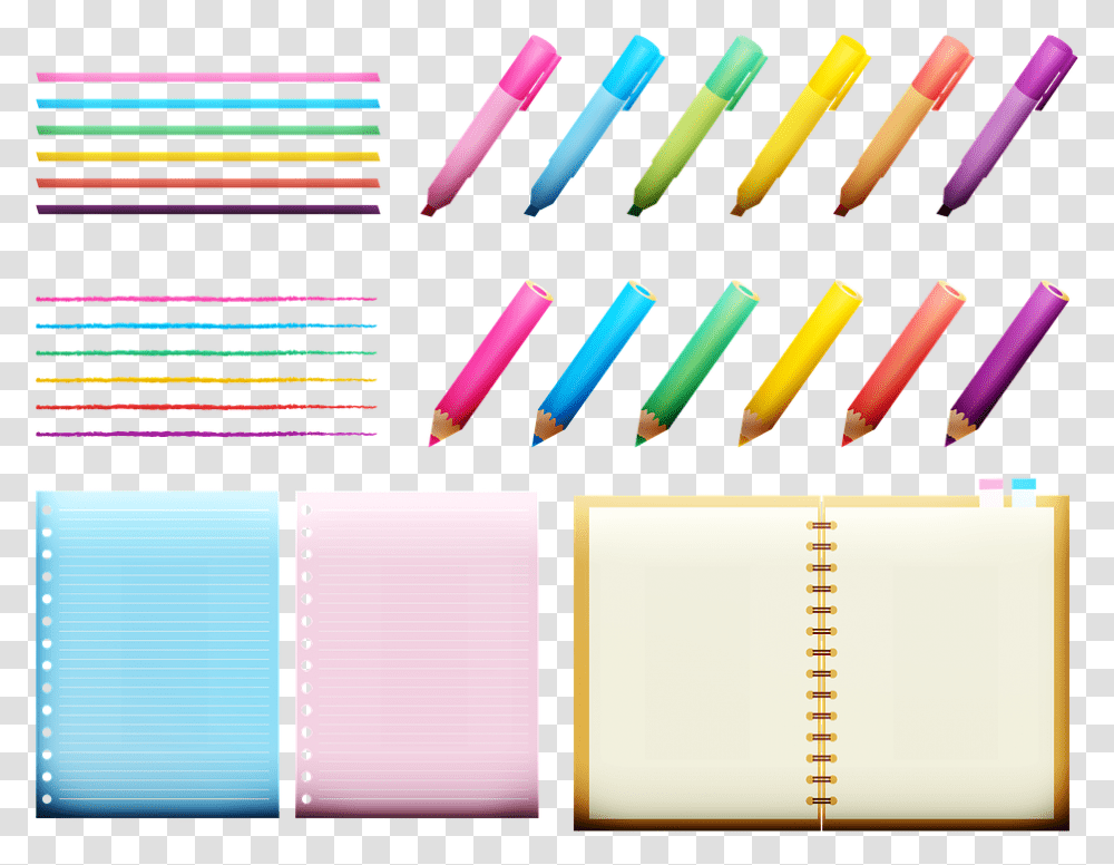 School Supplies Crayons Markers Paper Notebook Mengurutkan Pola Gambar Alat Alat Sekolah, Number, Plot Transparent Png