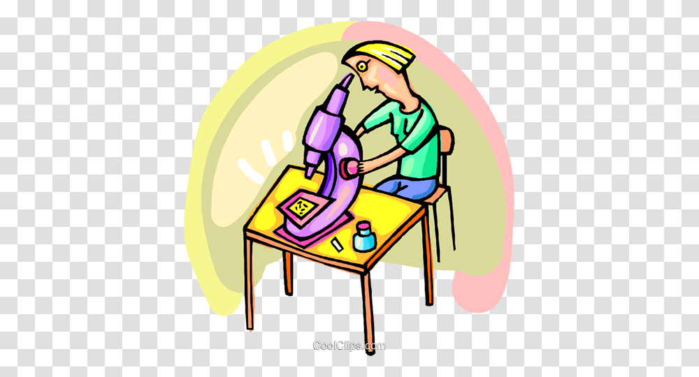 Scientist Looking Through Microscope Royalty Free Vector Clip Art, Person, Chair, Furniture, Outdoors Transparent Png