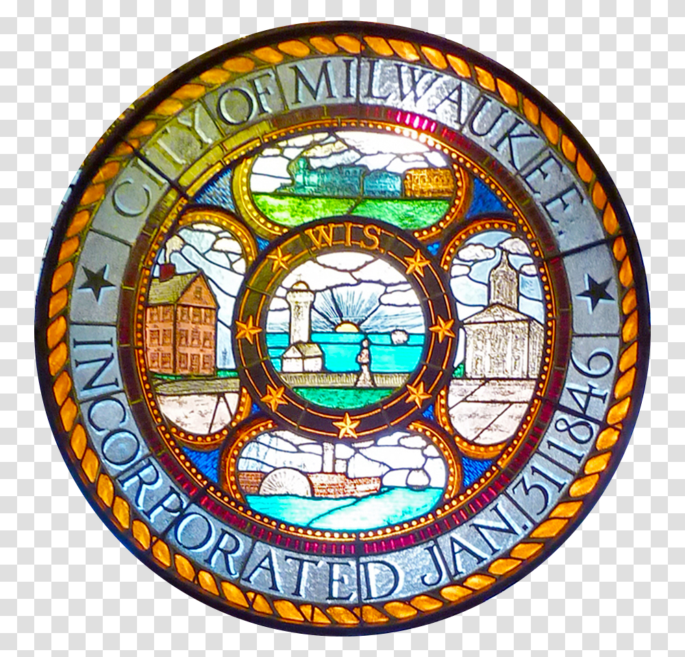 Seal Of Milwaukee Wisconsin City Of Milwaukee Seal, Stained Glass, Person, Human Transparent Png