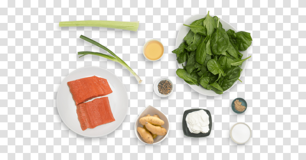 Seared Salmon Amp Green Top View Garlic, Plant, Vegetable, Food, Spinach Transparent Png