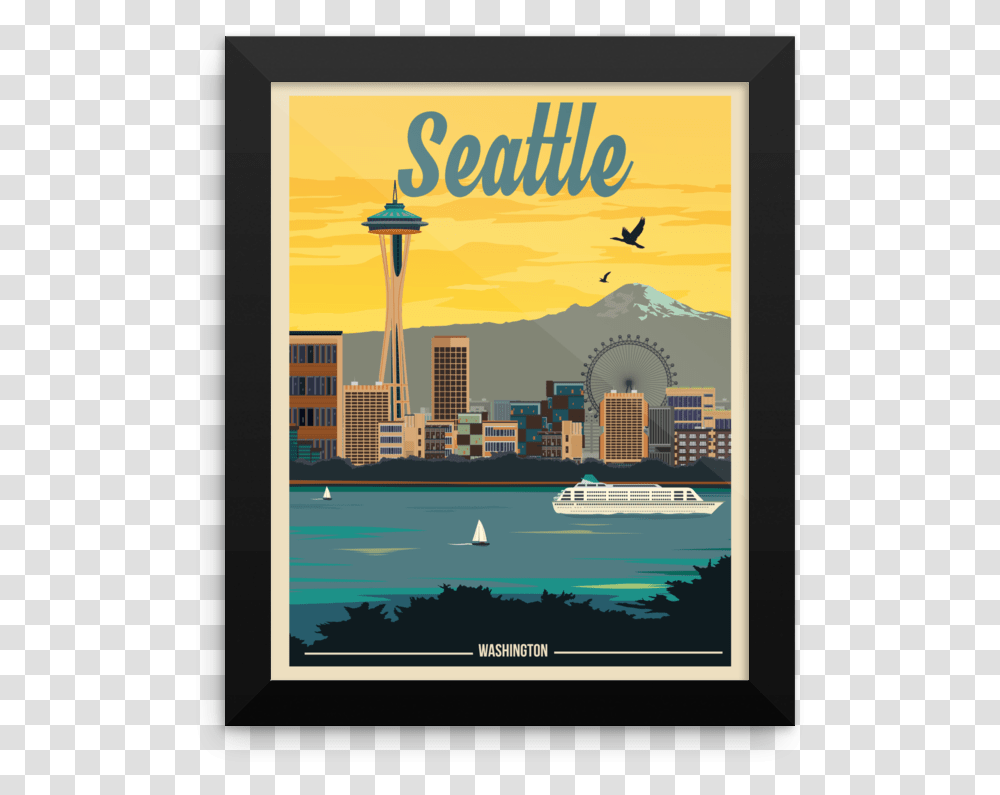 Seattle City Travel Poster, Boat, Advertisement, Bird Transparent Png
