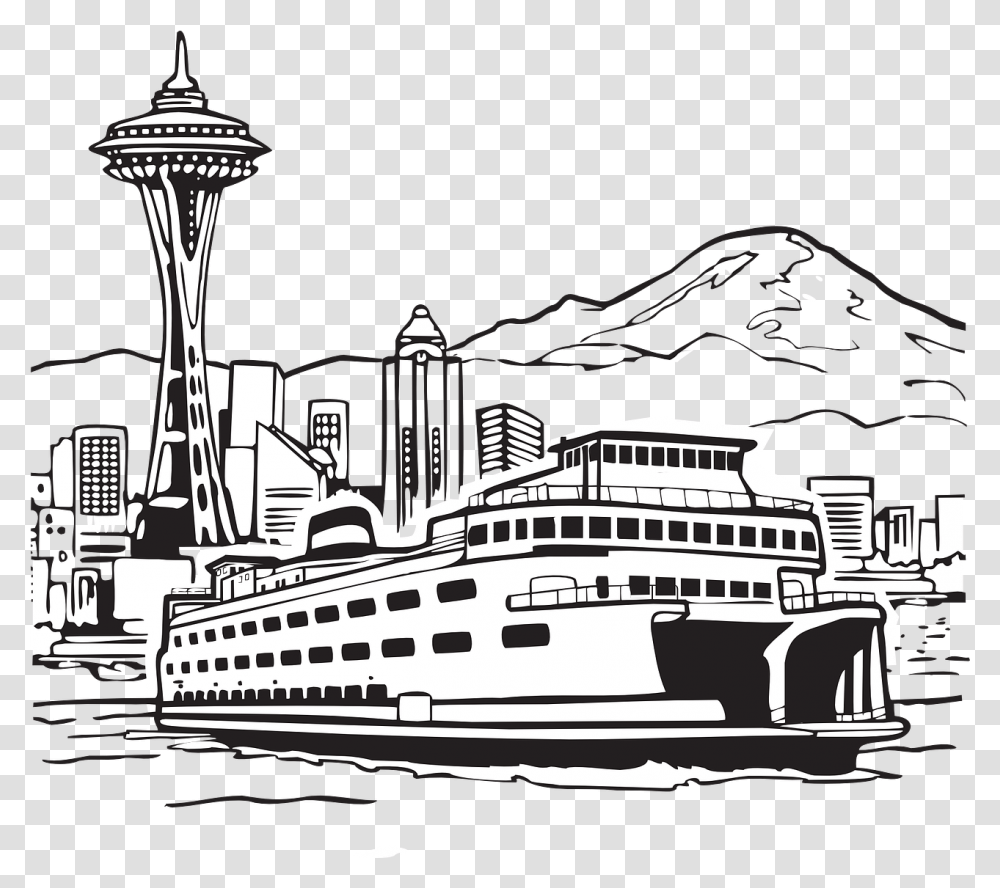 Seattle Space Needle Ferry Clip Art Black And White, Boat, Vehicle, Transportation, Ship Transparent Png