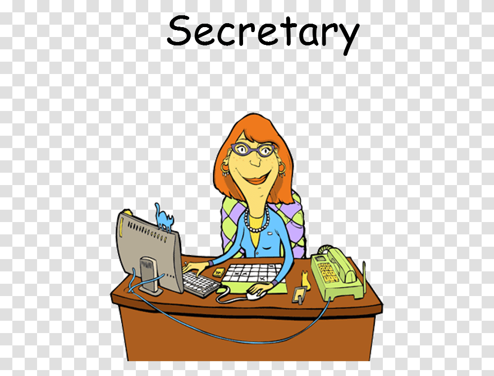 Secretary At School Cartoon, Sitting, Female, Table, Furniture Transparent Png