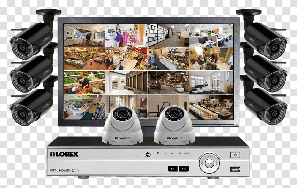 Security System With 6 Wireless Cameras 2 Domes And Security Camera Dvr, Shelf, Electronics, Wristwatch, Person Transparent Png