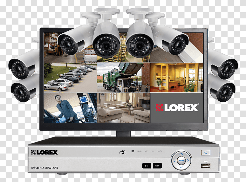 Security System With 8 Hd 1080p Ultra Wide 160 Angle Cctv Camera Set, Person, Car, Machine, Monitor Transparent Png