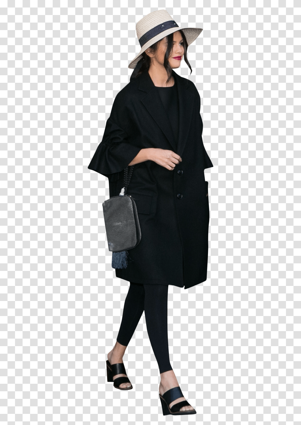 Selena Gomez Black Dress Image Tights, Coat, Hat, Person Transparent Png