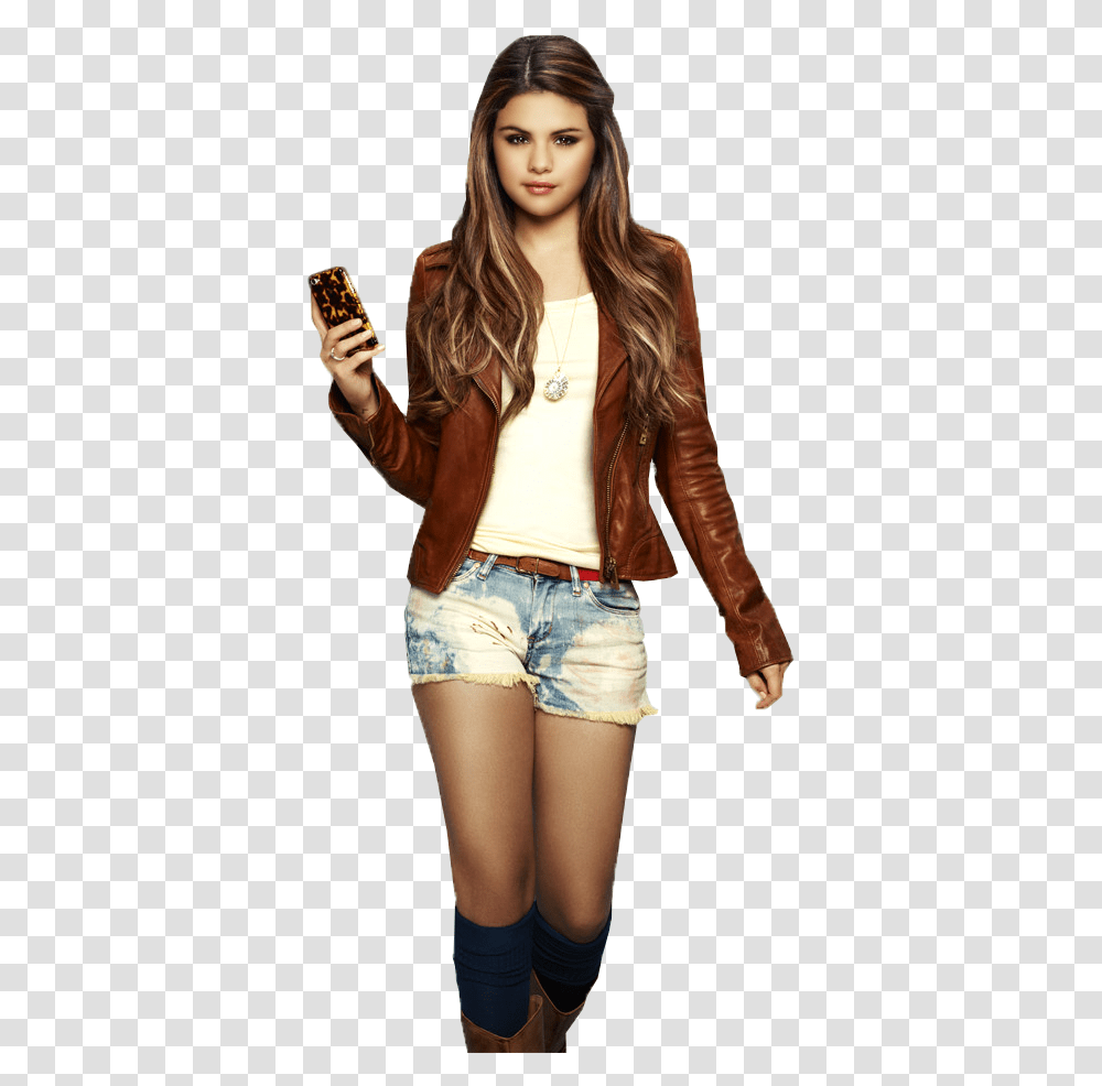 Selena Gomez In Brown Leather Jacket, Apparel, Coat, Person Transparent Png