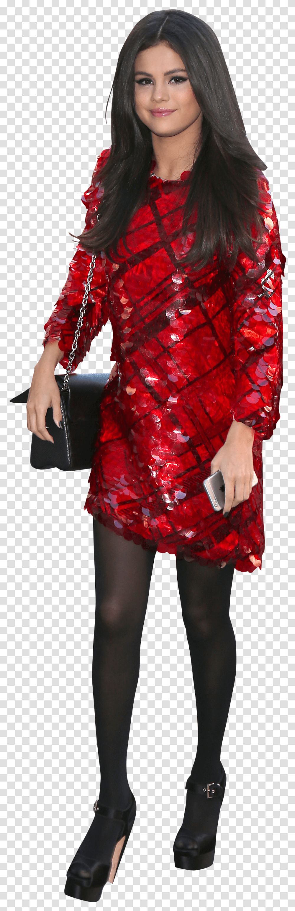 Selena Gomez In Red Dress And Black Pantyhose Image Selena Gomez Pantyhose, Person, Coat, Sleeve Transparent Png