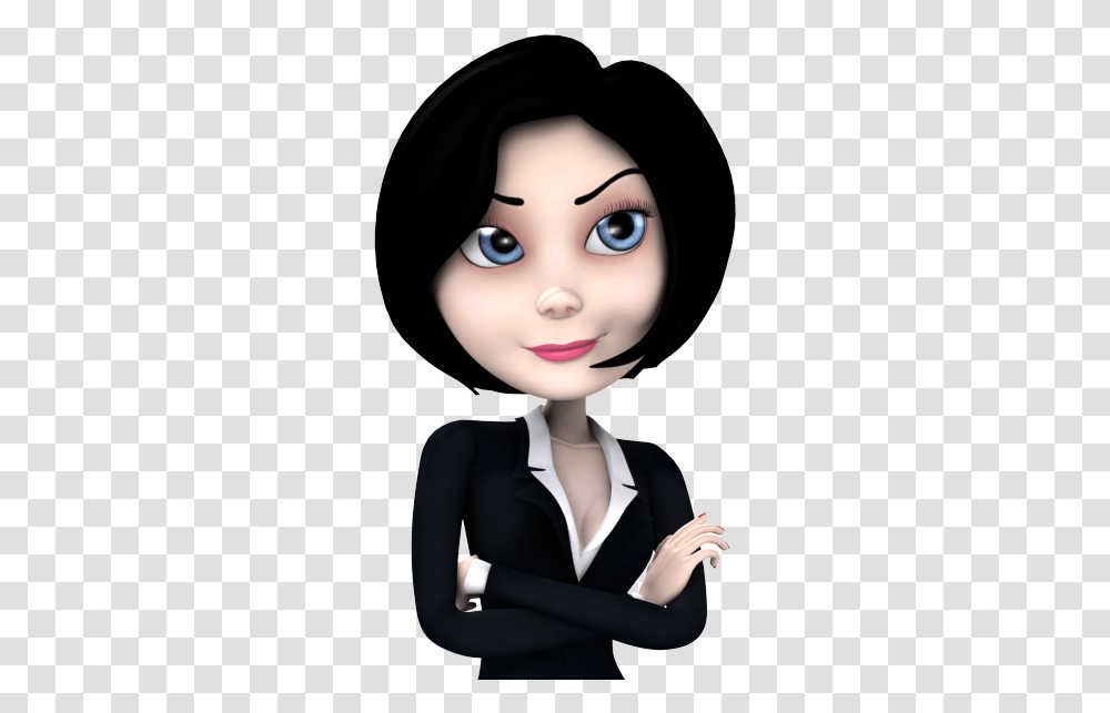Self Confident 3d Cartoon Woman In Black Suit 3d Cartoon, Doll, Toy, Person, Human Transparent Png