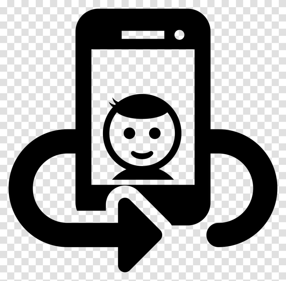 Selfie On Phone Screen With Rotating Arrow Around Selfie Icon, Electronics, Coffee Cup, Label Transparent Png