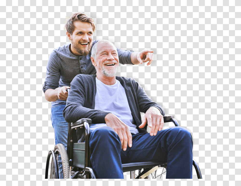 Senior Man With His Son Wheelchair, Furniture, Person, Human, People Transparent Png