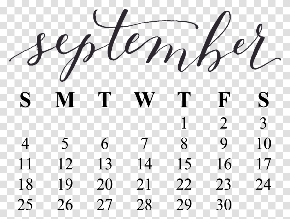 September 2018 Calendar, Handwriting, Calligraphy, Letter Transparent Png