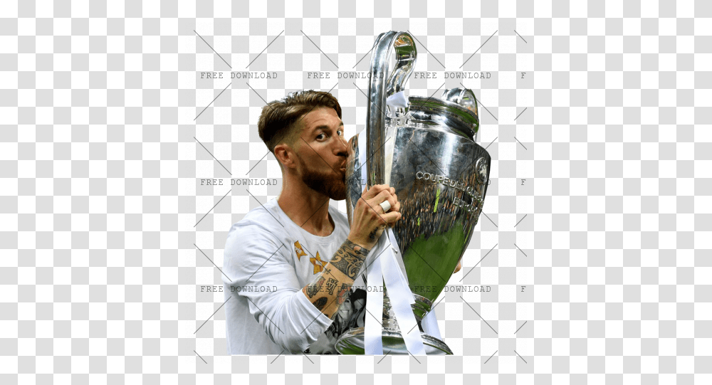 Sergio Ramos Ek Image With Background Sergio Ramos Lifting Champions League, Person, Trophy, Clothing, Smoke Pipe Transparent Png