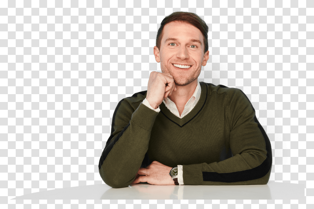 Servicenow Customer Delighted With His Easy Work Experience Sitting, Person, Human, Sweater Transparent Png