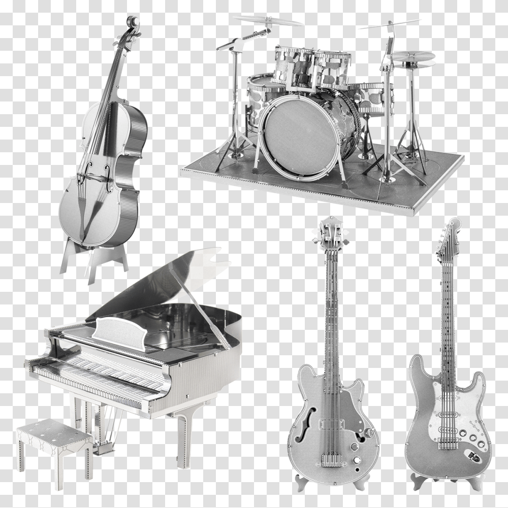 Set Musical Instruments Metal Earth Drum Set, Leisure Activities, Guitar, Grand Piano, Cello Transparent Png