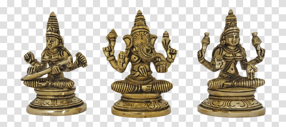 Set Of Ganapati Lakshmi And Saraswathi Brass Statue Brass, Bronze, Chess, Game, Emblem Transparent Png