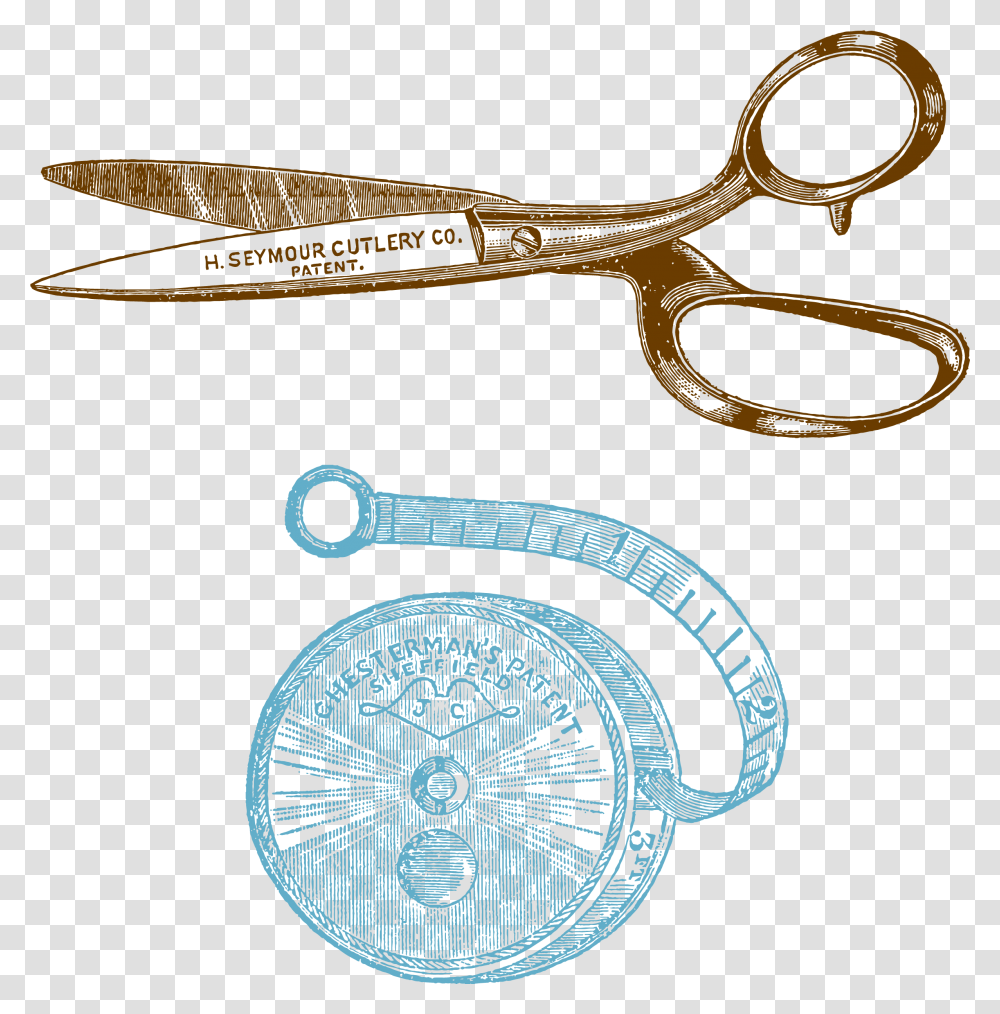 Sewing Drawing Tape Measure Sewing Scissors Vector, Blade, Weapon, Weaponry, Shower Faucet Transparent Png
